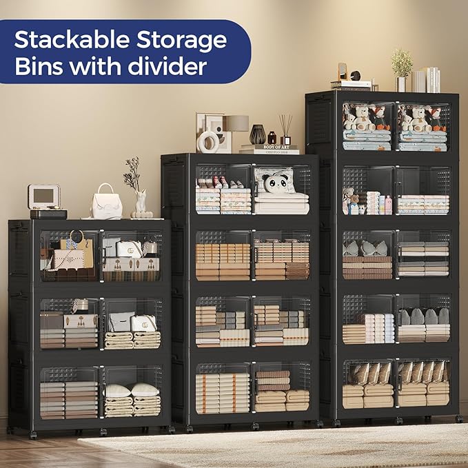 800 QT Extra Large Stackable Storage Bins with Lid, 200 Gal Collapsible Storage Box with Wheels, Folding Closet Organizers and Storage Cabinet with Doors for Home, Kitchen, Office, 4Pack Black