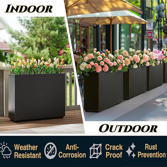 Wallowa Metallic Heavy Outdoor Planter Box, Span Planter, Long and Tall Divider, 30Lx10Wx24H, Black with Gold Rim, 30.8 Pounds