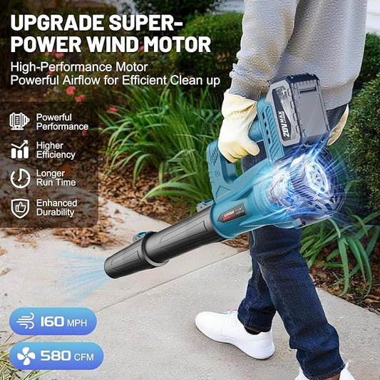 Leaf Blower Cordless with 2 x 4.0 Ah Battery and Charger, 160MPH/580CFM High Power Lightweight Handheld Electric Snow Blower with 2 Extended Tubes for Lawn, Yard, Leaves, Dust, Snow Care (Blue)