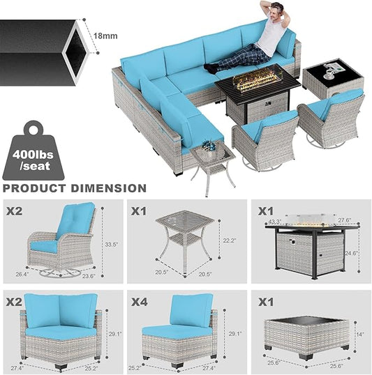 11-Piece Patio Furniture Set, Outdoor Patio Furniture with 55,000 BTU Fire Pit Table, Swivel Chairs Set, Thick Cushions, Modular Patio Sofa, Dual-Strand Wicker Rattan, Rust-Resistant Frame, Lake Blue