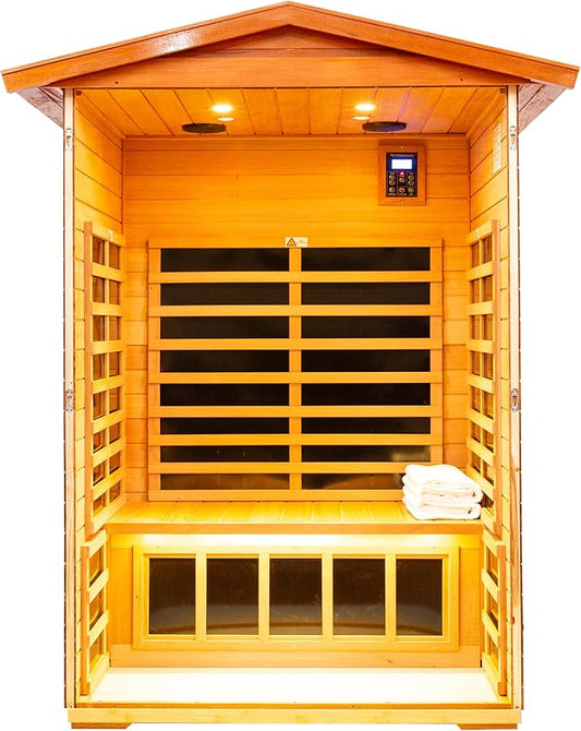 LTCCDSS Mahogany Outdoor Sauna 2 Person,Super Low EMF Far Infrared Sauna for Home, Withstand Outdoor Temp -10℉-149℉| EMF Readings Below 0.5mG, 9 Low EMF Boards-Chromotherapy-Bluetooth Speaker