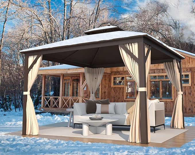 MELLCOM 12' x 12' Hardtop Gazebo, Galvanized Steel Double Roof Outdoor Gazebos, Aluminum Frame with Netting and Curtains for Patios, Gardens, Lawns
