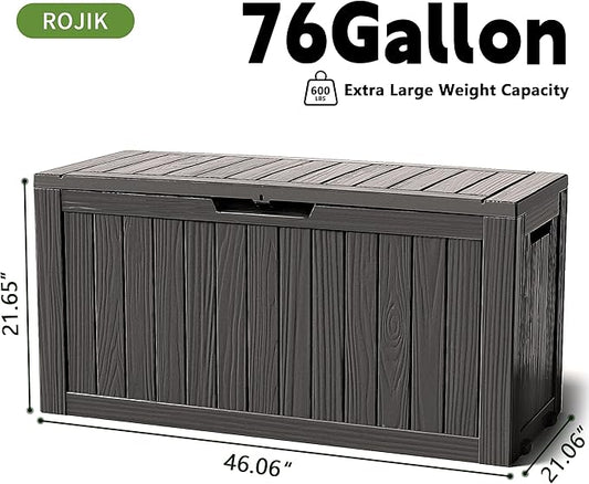ROJIK Outdoor Storage Housing Deck Box - Waterproof Patio Furniture, Garden Tools, Cushions, Pool Accessories Storage Bench with Lockable Lid and Side Handles (Black 76 Gal)