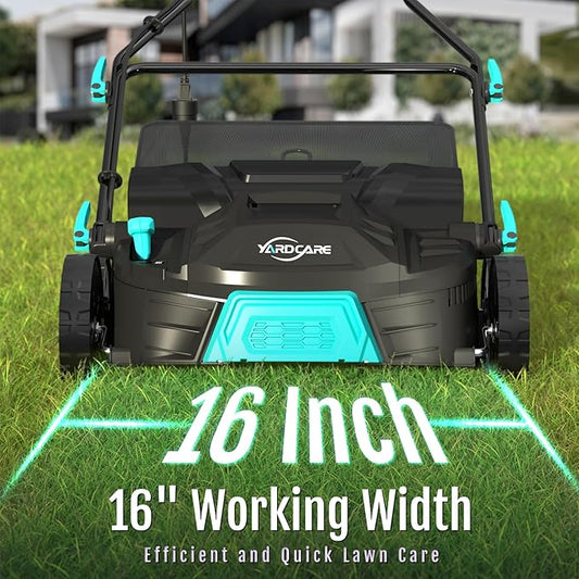 16‑Inch 15Amp 2‑in‑1 Electric Dethatcher & Scarifier with 5‑Position Depth Adjustment, 12 Gallon Removable Grass Collection Bag, Foldable Design, Lawn Thatcher for Yard Lawn Garden Care