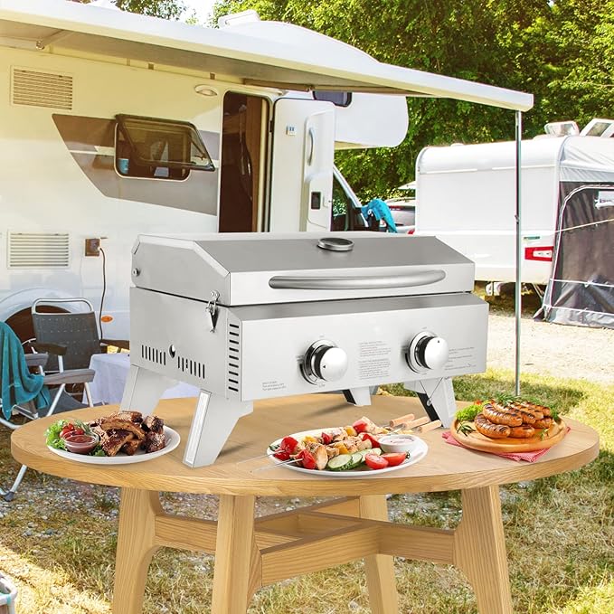 ROVSUN 20,000 BTU Portable Gas Grill, Large 2 Burner Tabletop Propane Grill with Foldable Legs, Regulator & Full Stainless Steel for Outdoor Picnic Camping Trip Tailgating Patio Garden BBQ Home Use
