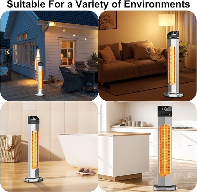 AKIRES Outdoor Electric Patio Heater,37IN 1500W Infrared Tower Heater with Instant Heating,Tip-Over & Overheat Protection,IP54 Waterproof Space Heater For Patio Garage Indoor & Outdoor Use,Silver