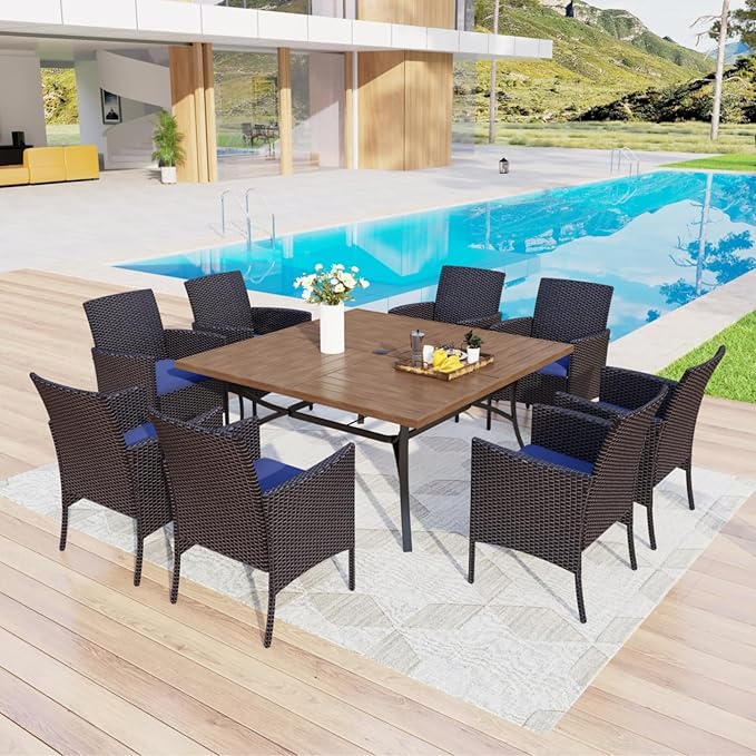 MFSTUDIO Outdoor Dining Set for 8, Patio Table and Chairs, Outdoor 60" Square Metal Table with Chairs, 9 Pieces Patio Furniture Dining Set