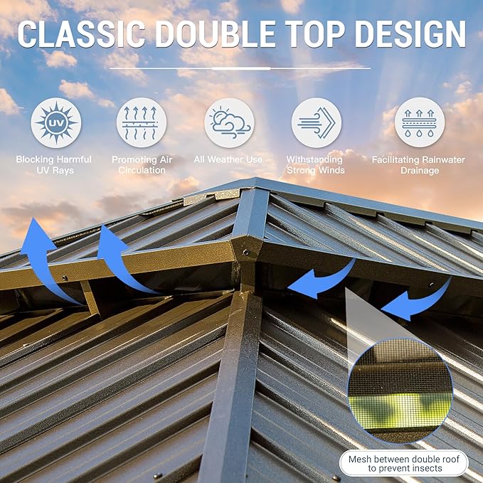 12' x 20' Hardtop Gazebo Outdoor Aluminum Gazebos with Galvanized Steel Double Canopy for Patios Deck Backyard,with Curtains&Netting by domi outdoor living