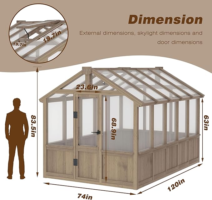 Mupater 6'x10' Wooden Greenhouse for Outdoor, Heavy Duty Green House Kit with Ventilated Window and Lockable Door, 6mm MWPC Panels for UV Protection, Walk-in Greenhouse for Backyard, Patio, Lawn