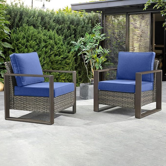 3 Piece Wicker Patio Furniture Set,Patio Bistro Set with 2 Rattan Armrest Chairs and 1 Side Table,Sturdy Frame,All-Weather PE Wicker,Wide Armrest,Deep Seating and Thick Cushions(Mixed Grey/Blue)