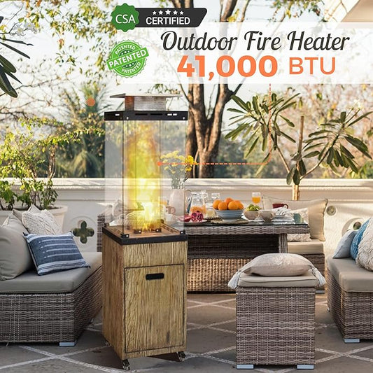 Afterglow Outdoor Patio Propane Fire Heater with Weather Cover Glass 41000 BTU Fireplace Patented & CSA Certificated, Wood Grain Brown