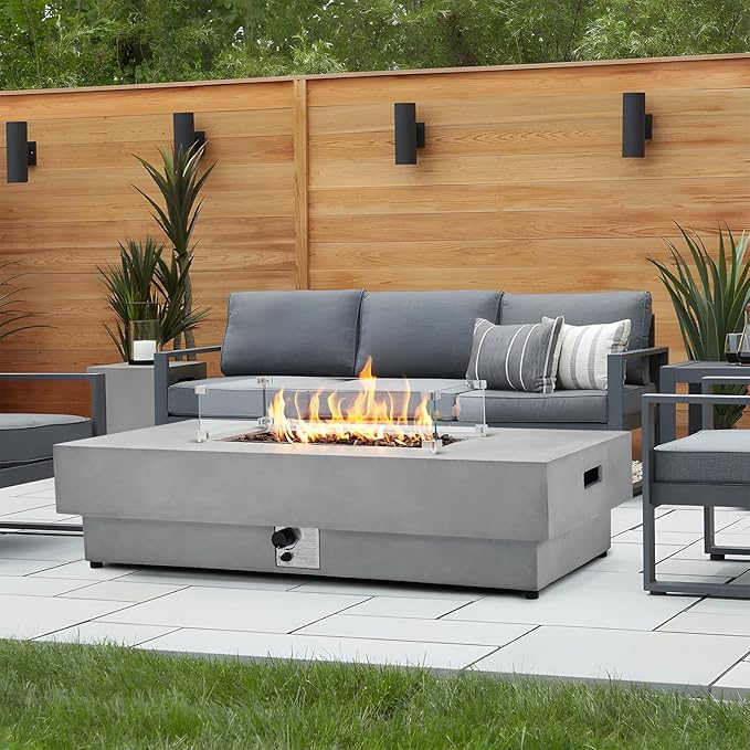 60 Inch Outdoor Propane Fire Pit Table w/Tank Cover Table Wind Guard, Natural Gas Firepit Table for Outside Patio, 50,000 BTU Rectangular Concrete Fire Table