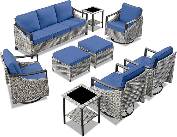 Wicker Outdoor Patio Furniture Set - 9 Pieces Patio Conversation Sets with Wicker Swivel Rocker Chairs, Deep Seat Sectional Sofa with Thick Cushions Ottomans for Porch Balcony Deck Gray/Blue