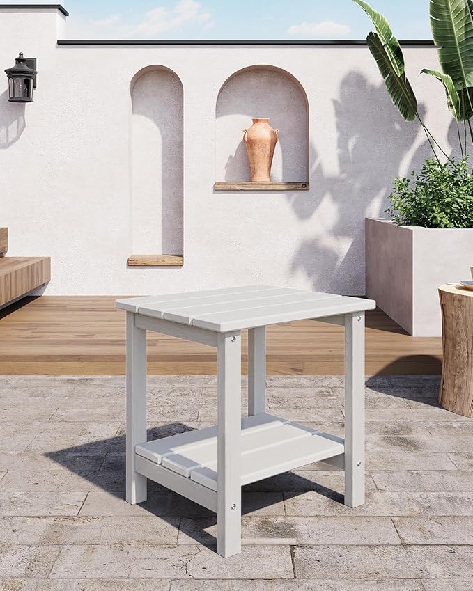 GarveeLife Outdoor Side Table 2-Tier, 18 in HDPE All Weather Resistant Patio Side Tables for Outside, End Table for Patio Pool Deck Indoor Backyard, White-2Pcs