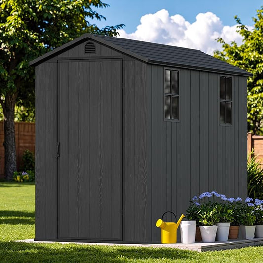 Devoko 4×8 FT Resin Outdoor Storage Shed, Garden Shed with Floor, Lockable Door and Two Windows, Waterproof Outside Plastic shed for Backyard Bike, Tools, Lawn Mower, Dark Grey