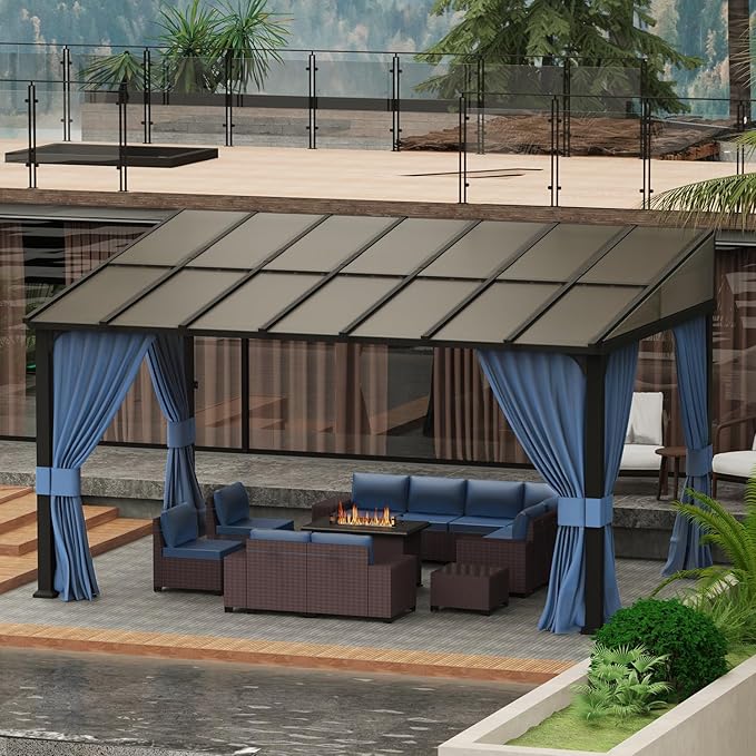 ASJMR 10x14FT Wall Mounted Gazebo Hardtop,Outdoor Wall-Mounted Patio Pergola Metal Frame Double Curtains Gazebo with Sloping Sun Panel Roof for Patio,Garden,Lawn,Pool,Backyard Deck, Navy