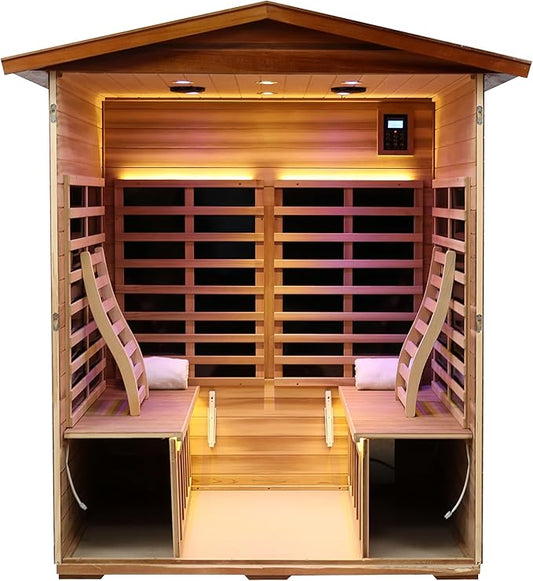 Outdoor Red Cedar Sauna 4 Person Far Infrared Sauna, Red Cedar, Withstand Outdoor Temp -10℉-149℉| Low EMF Sauna Room for Home-12 Low EMF Boards-Chromotherapy-Bluetooth Speakers (68.1*52.4*82.7 inch)