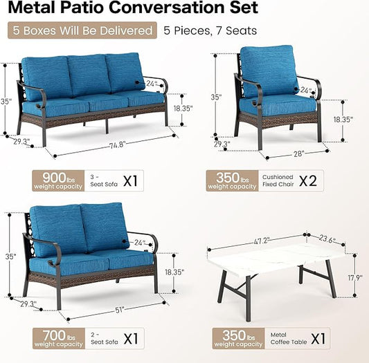 5 Piece Metal Outdoor Patio Furniture Set, Patio Conversation Sets 3-Seater Sofa, 2-Seater Sofa, 2 Fixed Chair with 5.75" Thick Cushion & Coffee Table Black Backyard Furniture, Blue-2