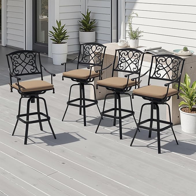 Crestlive Products Outdoor Bar Stools with Sunbrella Cushion Set of 4, 360° Swivel Patio Bar Height Chairs, All Weather Heavy Duty Commercial Grade Furniture, Antique Brown Finish for Outside (Beige)