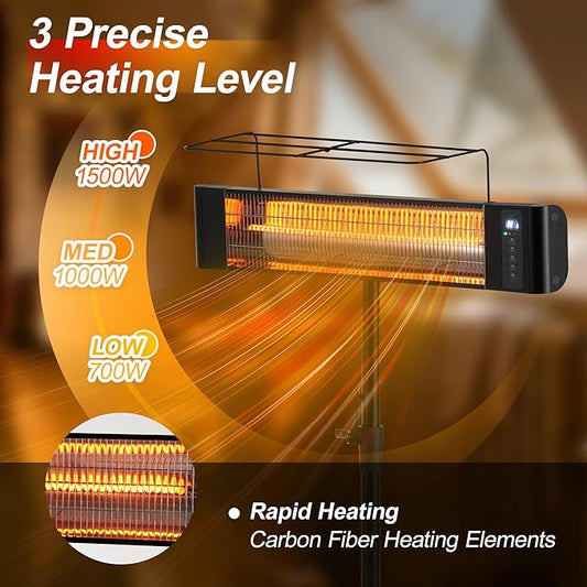 Patio Heater RealSmart Portable Electric Heater Indoor/Outdoor Patio Use Space Heater with remote 1500W high-efficiency heating Tripod 12H Timer IP65 for Backyard Garage Greenhouse