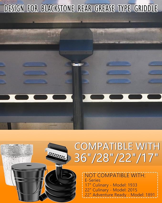 Upgraded Rear Grease Drainage Funnel for Blackstone, Griddle Grease Catcher, 304 Stainless Steel Grease Gate, 0.6 Gal Capacity Bucket W/Lid, 12 Aluminum Drip Liners, Blackstone Griddle Accessories