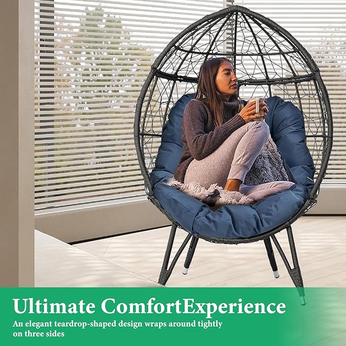 Outdoor Egg Chair, Part of Patio Conversation Set, All-Weather Wicker Lounge Chair with Thick Cushions, Single Seat for Balcony, Garden, Porch, Blue