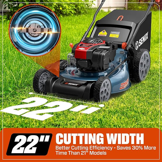 SENIX 22-Inch Self-Propelled Gas Lawn Mower with 150cc B&S EX625 Engine, 3-in-1 (Mulching, Bagging, Side Discharge), 6 Adjustable Cutting Heights (1.25” - 4”), Durable Steel Deck, Rear-Wheel Drive