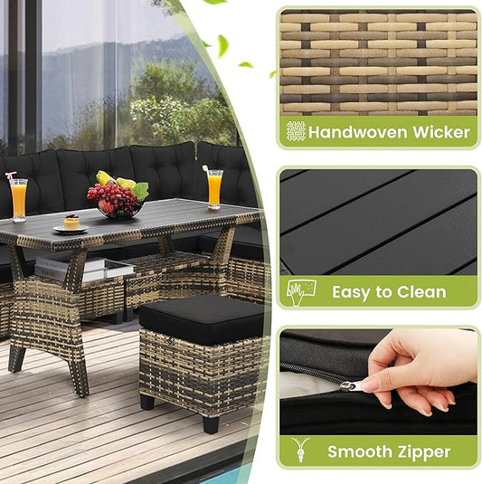 6-Piece Outdoor Patio Furniture Set - Sectional Sofa, Dining Table & Chairs Included, All-Weather Dining Set with Ottoman, Natural Wicker and Black Cushions