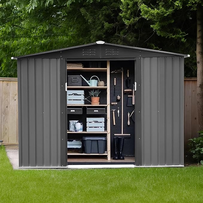 8x6 FT Outdoor Metal Storage Shed with Lockable Garden Shed Steel Anti-Corrosion Storage House with Sliding Lockable Door for Backyard Outdoor Patio, Light Gray