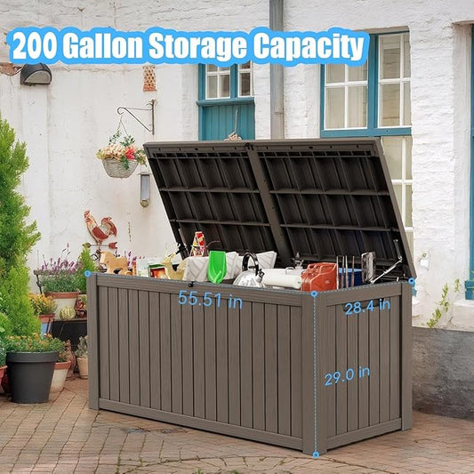 Vixzen 200 Gallon Resin Deck Box, Lockable Outdoor Storage Box for Patio Cushions Storage Furniture,Garden Tools, Pool Supplies, Weatherproof and UV Resistant- Grey