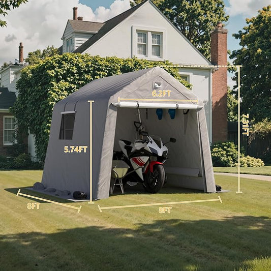 8x8 FT Outdoor Storage Shed, Portable Outdoor Storage Shelter with Roll Up Zipper Door and Vent Windows, Silver Grey