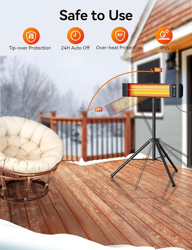 VAGKRI Outdoor Heaters, 1s Heating Electric Infrared Patio Heaters with Remote, IP65 Waterproof, 12H Timer, 3 Heat Levels, Electric Wall Heaters with Tripod Stand for Home, Office, Patio and Garage