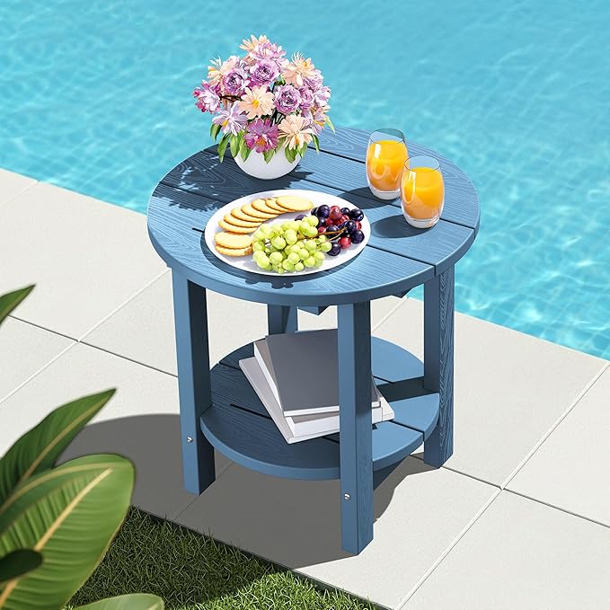 SERWALL Round Outdoor Side Table Set of 2, HDPE Small Adirondack Double End Table, Navy