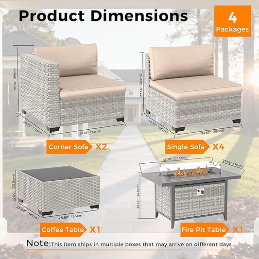 6-Seat Modern Outdoor Wicker Rattan Patio Furniture Set with 55,000 BTU Fire Pit Table, Thick 4″ Cushions, All-Weather Dual-Strand Rattan, Rust-Resistant Steel Frame,Beige