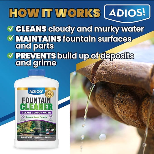 Fountain Cleaner and Clarifier for Outdoor and Indoor Fountains – Safe for Plastic, Metal, Glass and Stone (32oz)