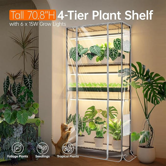 Bstrip Indoor Greenhouse with Grow Light, Tall Green house with 6 Pack T5 Full Spectrum Plant Lights with Timer, Plant Shelf with Tent for Indoor Plant, Seed Starting, Seed Tray, 35.4"x13.8"x70.8"
