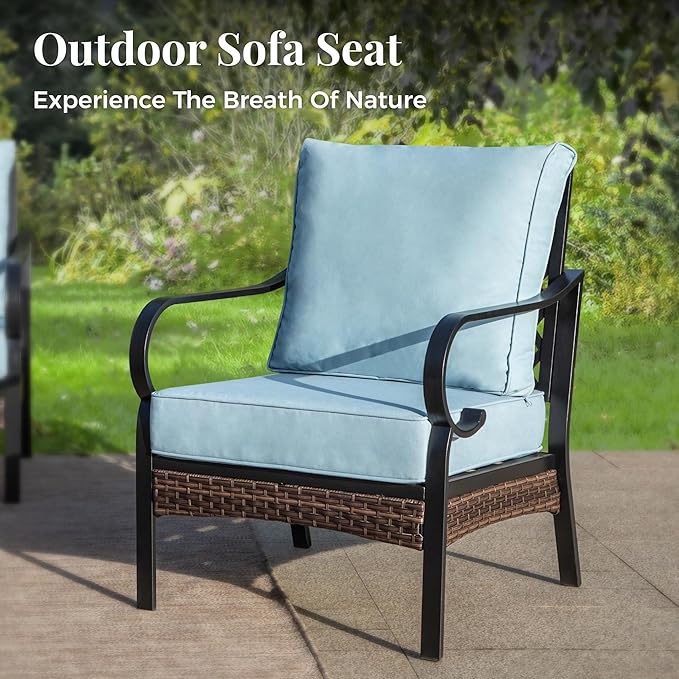 Patio Furniture Set with Firepit Table, Black Frame Outdoor Conversation Set with 2 x Fixed Chairs, 1 x 2-Seat Sofa, 1 x 3-Seat Sofa for Lawn Garden Backyard, Blue