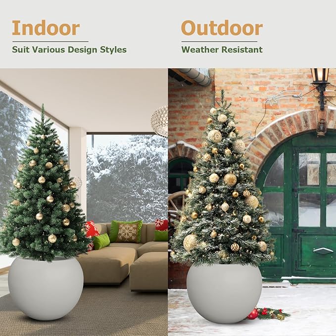 9.7"H x 12"D Globo Fiberstone Round Planter - Christmas Tree Planter, Smooth Finishes, Weather Resistant for Indoor & Outdoor Use, Included 2 Extra Coco Mats (Light Gray, 7.8" Pot Opening)