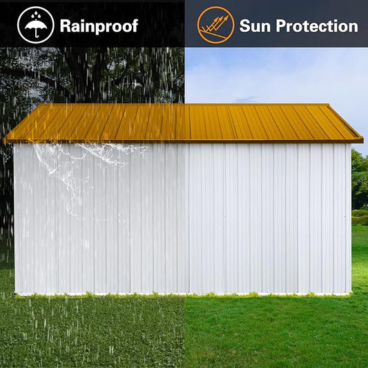 Metal Garden Sheds 12ftx10ft Outdoor Storage Sheds White+Yellow with Window, for Backyard, Patio, Poolside