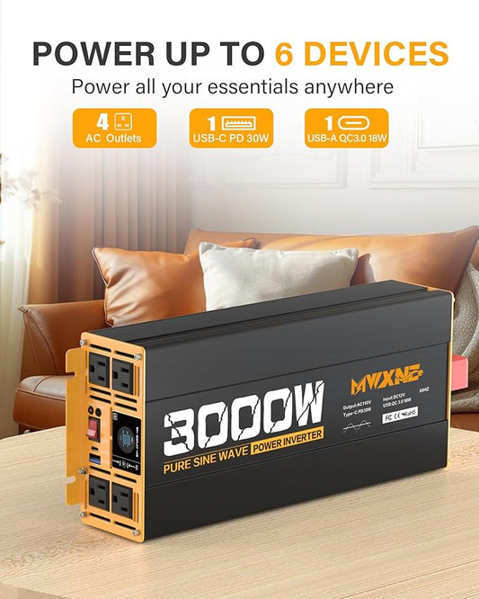 3000W Pure Sine Wave Inverter 12V DC to 110V 120V AC Converter for RV Truck Home Off-Grid Solar Power Inverter with Type-C PD30W/USB Port QC3.0 Quick Charging, 4 AC Outlets, Remote Control