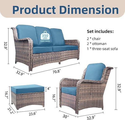 5 Pcs High Back Wicker Patio Furniture Set with Ottoman, Outdoor Sectional Include 3 Seater Couch with Thick Cushion for Balcony Deck Yard and Porch, Peacock Blue