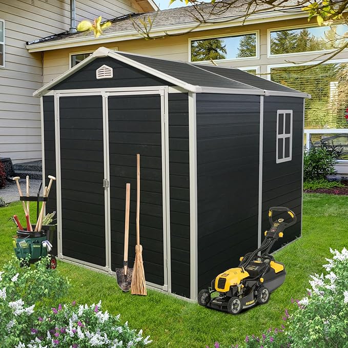 JT 6×8ft Resin Outdoor Storage Shed,Outdoor Storage Shed with Floor & Window to Store Patio Furniture, Garden Tools Bike Accessories, Beach Chairs and Lawn Mower. (Black, 6ft*8ft)
