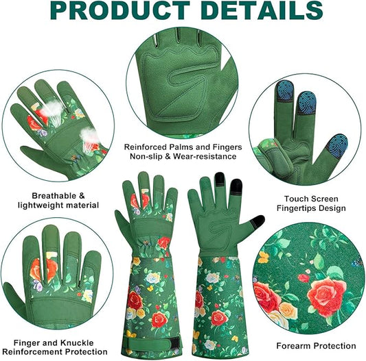 DLY Gardening Gloves,Leather Rose Gloves,Women's Long Gardening Glove for Work and Yard Work,Durable and Comfortable(Medium, Green