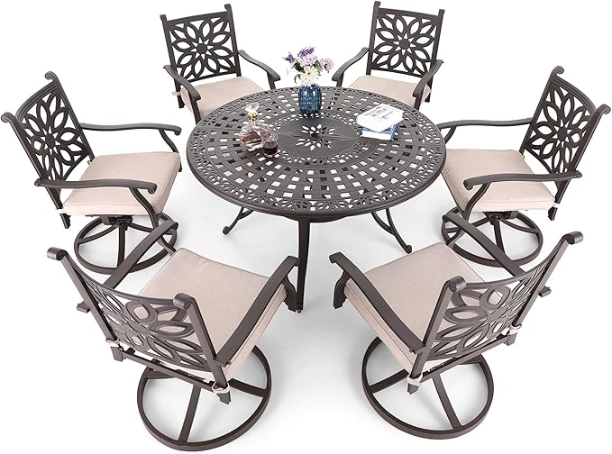 MFSTUDIO Cast Aluminum Patio Dining Table, 54" Round Outdoor Table with 2.2’’ Umbrella Hole, Retro Pattern Metal Aluminum Outdoor Dining Table for 4-6