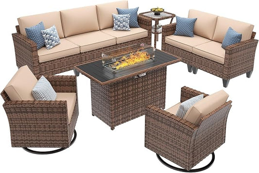 UDPATIO Patio Furniture Set with Fire Pit Table, Rocking Swivel Chairs, 6 Pieces Outdoor Conversation Sets, All-Weather Wicker Outdoor Sectional Sofa with Waterproof Cover, 4'' Thickened Cushion