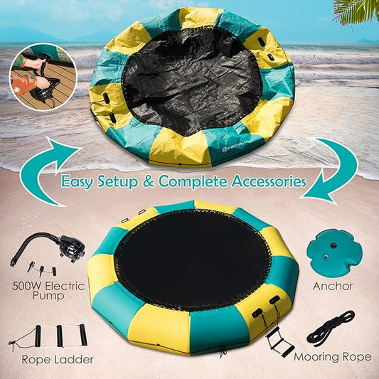 GYMAX Water Trampoline, Floating Lake Trampoline with Electric Pump & Rope Ladder, Inflatable Water Bouncer for Lake, Heavy Duty for Adults