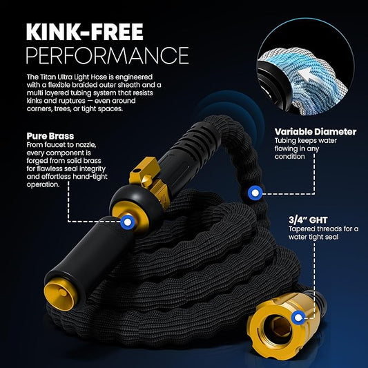TITAN Flexible Garden Hose 100FT – Ultra Lightweight, Heavy Duty Water Hose with Brass Fittings & Jet Nozzle – Kink-Free, Non-Expanding, Durable Fabric Hose for Yard, Lawn, Car Wash, Outdoor Use