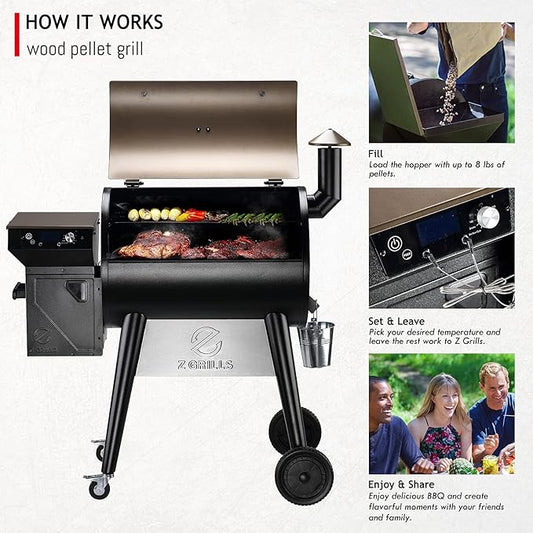 Z GRILLS Upgrade 8 in 1 Wood Pellet Grill & Smoker for Outdoor Cooking, BBQ Grill with PID 2.1 Controller, LCD Screen, 697 sq, Meat Probes, Rain Cover