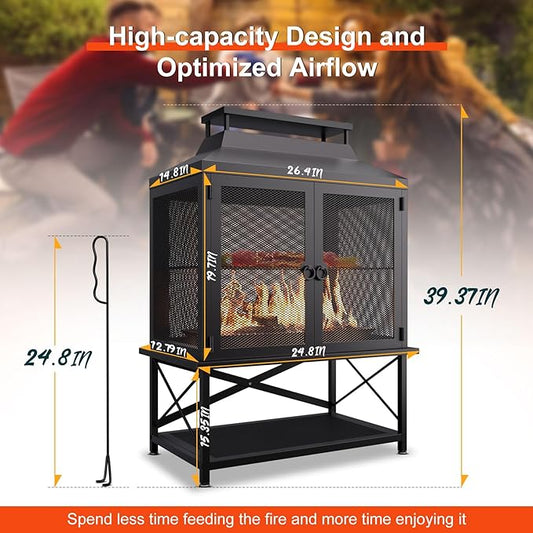 Fire Pits for Outside Wood Burning - 39" H Square Metal Outdoor Chiminea Fireplace with Grill, Mesh Spark Screen & Fire Poker, Ideal for Garden, Backyard, Patio, Party, Camping, Picnic, BBQ, Bonfire