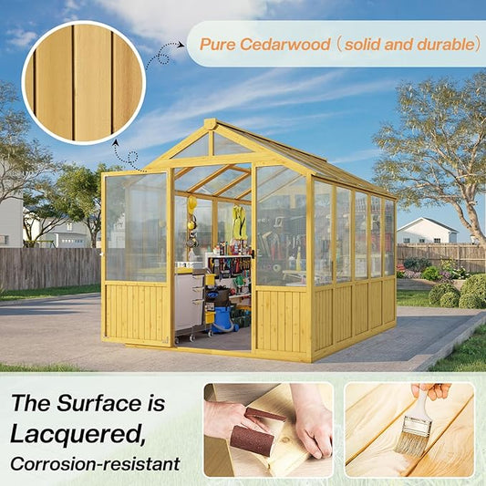 Jocisland 6x8x6.5 Ft Wooden Outdoor Storage Shed, Pre-Assembled Cedar Frame, Outdoor Shed with Lockable Door, Adjustable Roof Vents, Polycarbonate Panels for Outdoor, Garden, Backyard